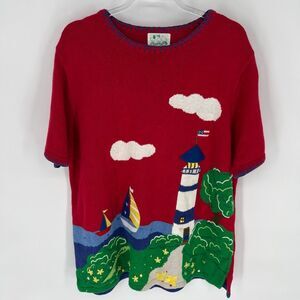 QUACKER FACTORY Vtg Sweater 1X Red Nautical Lighthouse Sailboat Coastal Grandma
